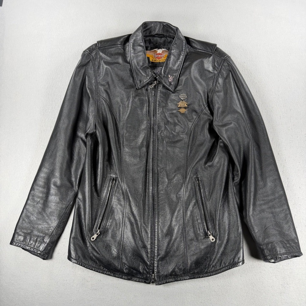 Y2K Harley-Davidson Womens Black Leather Motorcycle Jacket Embroidered Pins L